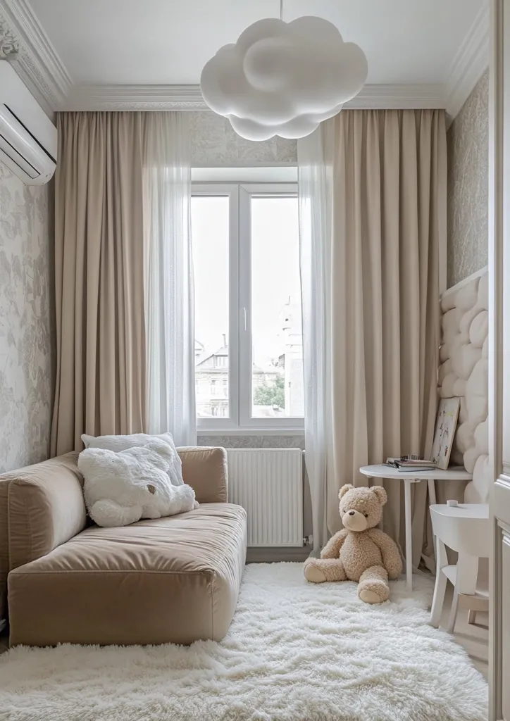 A white cloud-shaped ceiling light hangs above a plush, beige sofa in a room with a large window and soft, white curtains. The room has a white fluffy rug on the floor, and a teddy bear sits on the rug next to a small white table. There is also a white chair in the corner and a white radiator under the window. The overall feel of the room is cozy and serene.