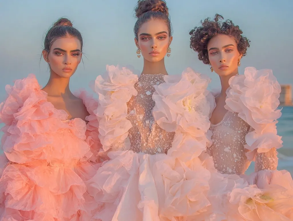 Three women stand in a row, each wearing a different shade of pink tulle dress with elaborate floral embellishments. The women are wearing minimal makeup and have their hair styled in updos. The dresses are all different, but they complement each other in a soft and romantic way. The background is a blurry sunset sky and ocean.