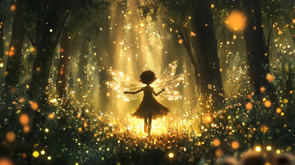 A fairy with glowing wings runs through a magical forest.  The forest is filled with golden light and surrounded by fireflies, illuminating the path.  The fairy's silhouette is outlined by the magical glow.  The image evokes feelings of wonder and enchantment.  The fairy is free and joyous in the mystical atmosphere.