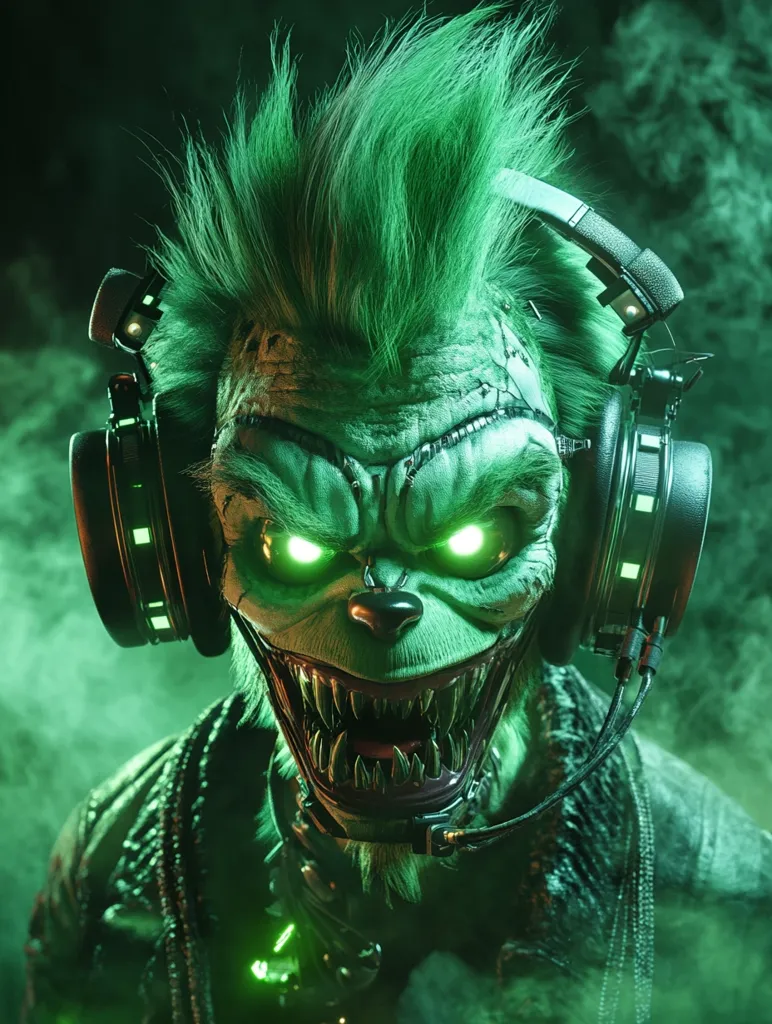 A monstrous creature with green fur and glowing eyes wears a headset and a leather jacket. It has a wide, toothy grin and a stitched-up face. The creature is set against a dark, smoky background with green lighting. It appears to be a digital rendering.