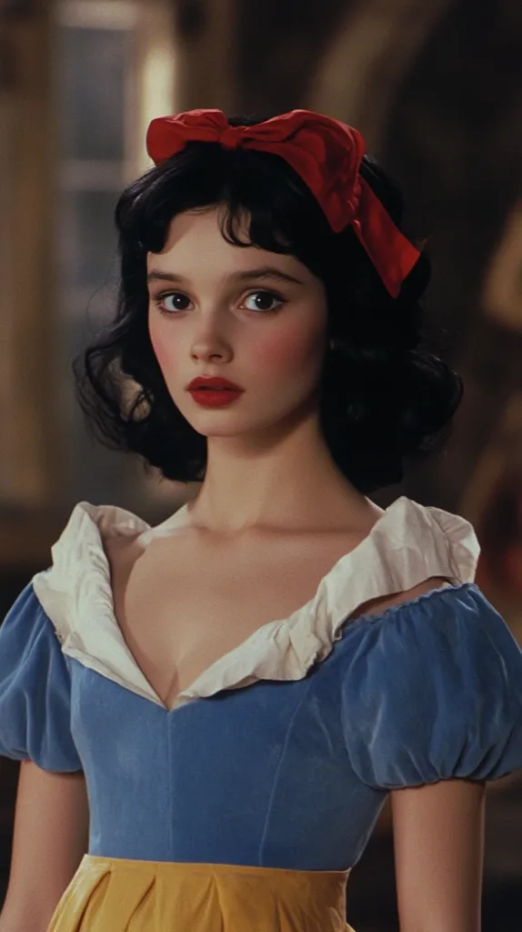 A young woman with dark hair and a red bow in her hair is dressed in a blue and yellow dress. The dress has a white collar and puffed sleeves. She is looking directly at the camera with a serious expression on her face. Her makeup is dramatic, with red lipstick and rosy cheeks. The background is blurred and out of focus, making the woman the focal point of the image. The image has a whimsical and fairy tale-like quality.