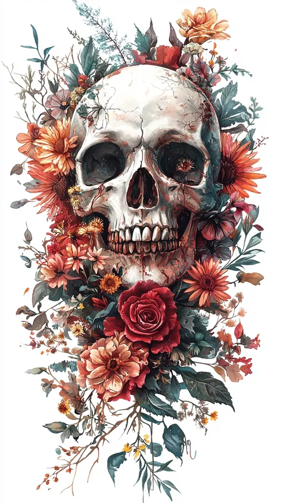 A human skull is surrounded by a vibrant bouquet of red, orange and yellow flowers. The skull's teeth are visible and its eye sockets are empty, giving it a haunting yet beautiful appearance. The contrasting colors and textures create a striking image of life and death. The flowers are arranged in a circular pattern, with the skull at the center. The background is white, allowing the colors of the flowers and skull to pop. The image is a reminder of the beauty that can be found in even the darkest of places.
