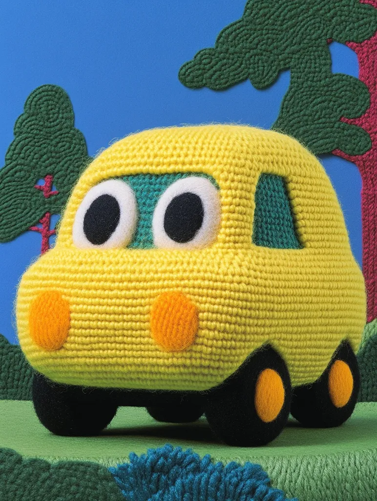 A yellow crocheted toy car with large black eyes, orange headlights, and black wheels sits on a green and blue textured surface. The car is in front of a blue sky with two green trees. The image appears to be a close-up, focusing on the car.  The crocheted texture of the car gives it a playful, handmade quality.