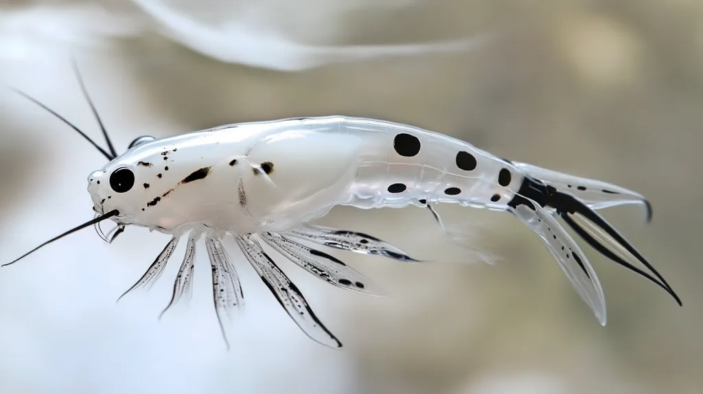 The image shows a close-up of a translucent, white shrimp-like creature. It has a black, spiky tail and several black spots scattered along its body. The creature's large, black eye is visible, and its delicate, transparent appendages are spread out. The background is a blurry, off-white color. The creature appears to be swimming through the water.