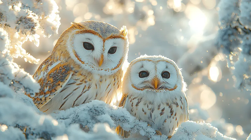 Two snowy owls are perched on a branch covered in snow. The owl on the left is facing the camera with its large, yellow eyes wide open, while the owl on the right is looking away with its head tilted. The background is a soft blur of white and blue, suggesting a snowy landscape. The image is taken in the winter, with the sun shining through the trees and creating a warm glow. The overall effect is one of tranquility and beauty.