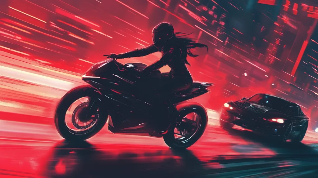 A woman in a helmet rides a motorcycle at high speed on a city street. The motorcycle and a car behind it are both black and silhouetted against a bright red background of blurred street lights. The scene is dynamic and evokes a sense of speed and excitement.