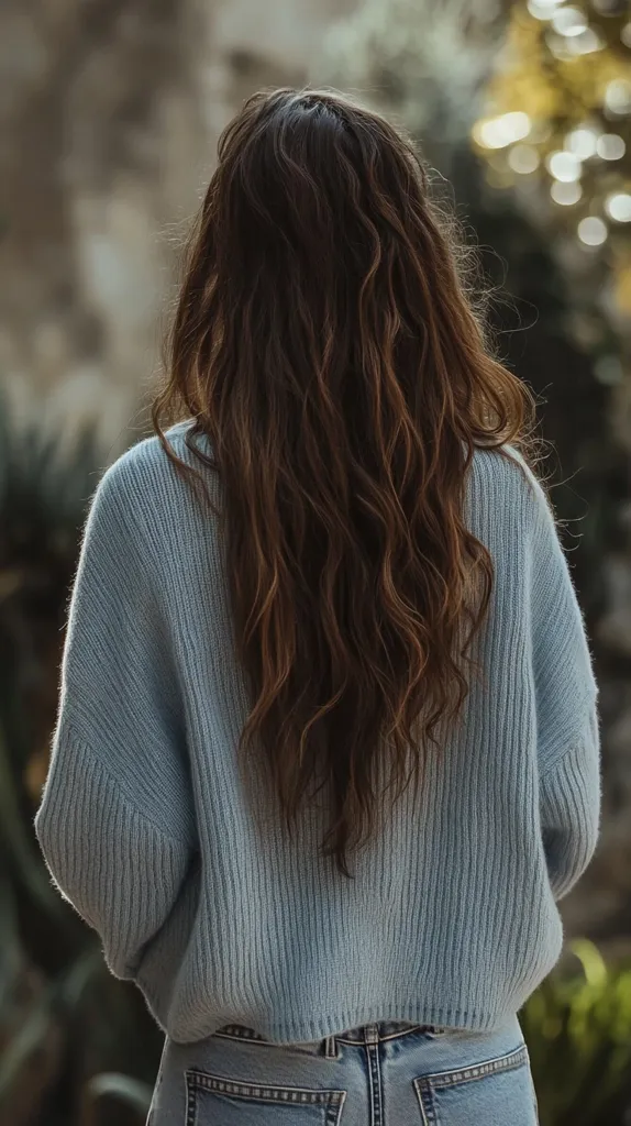 A young woman with long, wavy brown hair stands in a soft, blue knitted sweater. She is wearing denim jeans and the sweater is cropped, revealing her waist. The background is blurred, but appears to be a green and brown natural landscape. The woman is facing away from the camera, creating a sense of mystery and contemplation.
