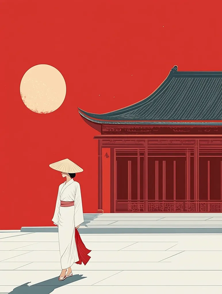 The image depicts a woman in traditional Asian clothing, standing in front of a red and grey building with a large, round moon in the sky. The woman is wearing a white robe and a conical hat, with a red sash around her waist. The building is adorned with intricate details, and the moon is a bright white against the red backdrop. The scene evokes a sense of peace and serenity, reminiscent of ancient Chinese art and culture.