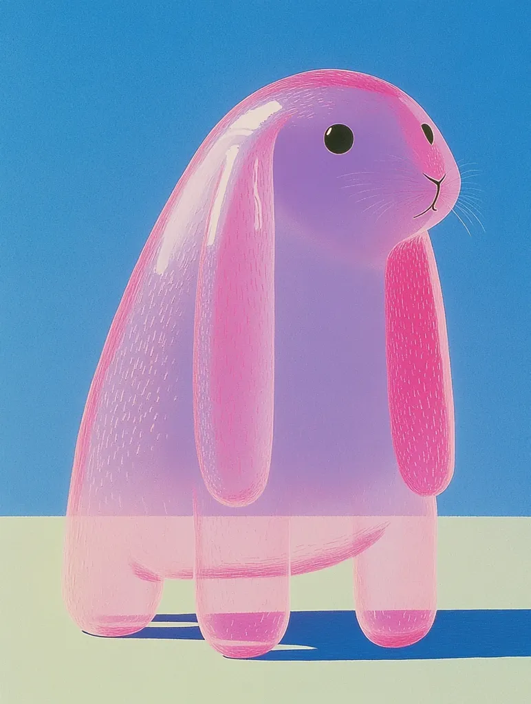 The image depicts a stylized pink rabbit standing on a green surface. The rabbit has long floppy ears and a rounded body with a textured surface. It has large black eyes and a small nose. The background is a solid blue. The image is painted in a flat, cartoon style.