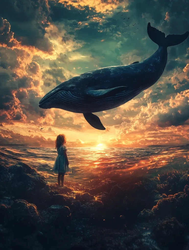 A young girl stands on a rocky shore, gazing out at a vast, golden ocean. A majestic whale leaps out of the water, its silhouette a dark contrast against the vibrant sunset sky. The scene evokes a sense of wonder and awe, perhaps suggesting a connection between the girl and the majestic creature. Small birds fly overhead, adding to the feeling of vastness and freedom.  The image is filled with warm hues and soft, dreamy light, making it a captivating and serene work of art.