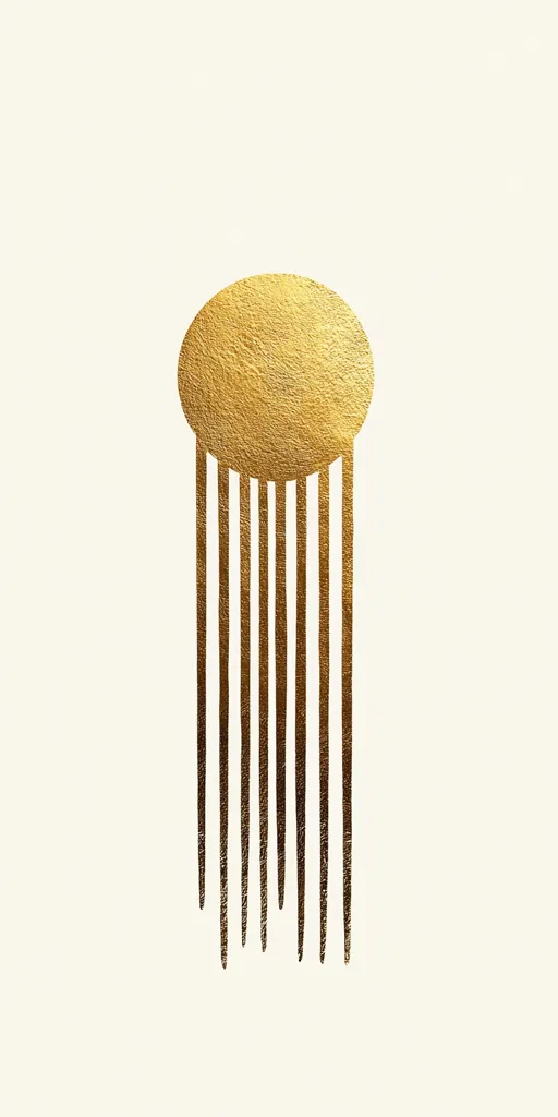 The image features a simple abstract design with a circular shape at the top and vertical lines descending from it. All elements are rendered in a gold metallic finish, creating a minimalist yet elegant aesthetic. The design is isolated against a plain white background, enhancing its prominence.  It evokes a sense of modern art, simplicity, and sophistication.