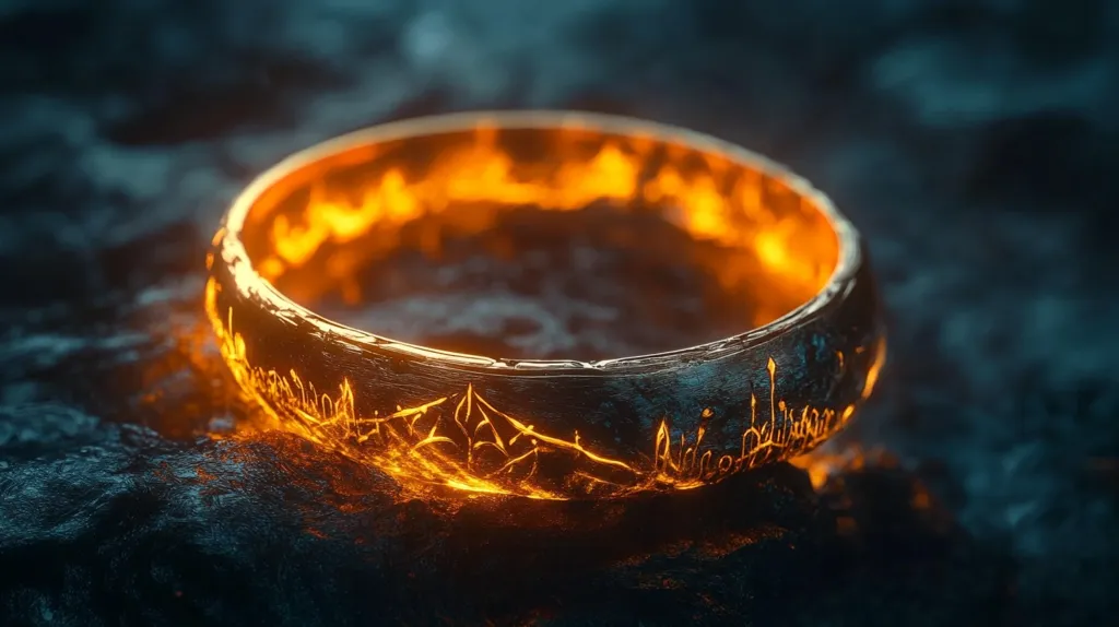 The One Ring from The Lord of the Rings sits on a dark, rough surface, glowing with an ethereal, golden light. Intricate markings are etched into the ring, reflecting the intense heat emanating from its core. The ring's power and allure are palpable, captivating the viewer with its mystical energy.
