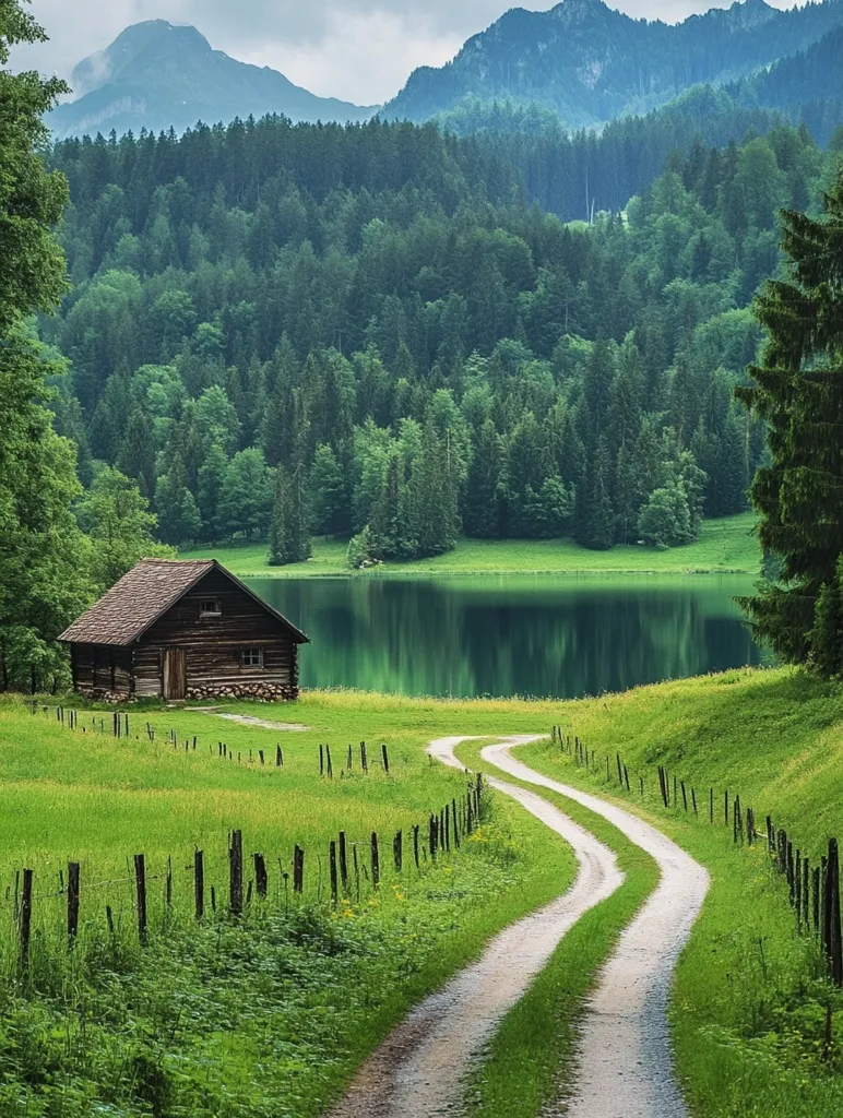 A winding dirt road leads through a lush green meadow towards a small wooden cabin nestled by a serene lake.  The background boasts a vibrant forest, culminating in majestic mountains that stretch across the horizon. The scene evokes a sense of tranquility and solitude amidst nature's grandeur.