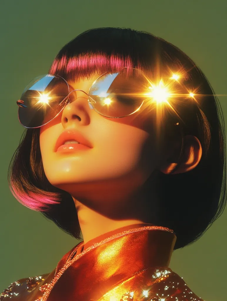 A young woman with a short bob, styled with pink highlights, gazes upwards while wearing large, round sunglasses. The sun is shining brightly, casting a warm glow on her face and creating a dazzling starburst effect in the lenses. Her orange, sparkly jacket adds to the retro-futuristic aesthetic. The image captures a moment of carefree confidence and optimism.