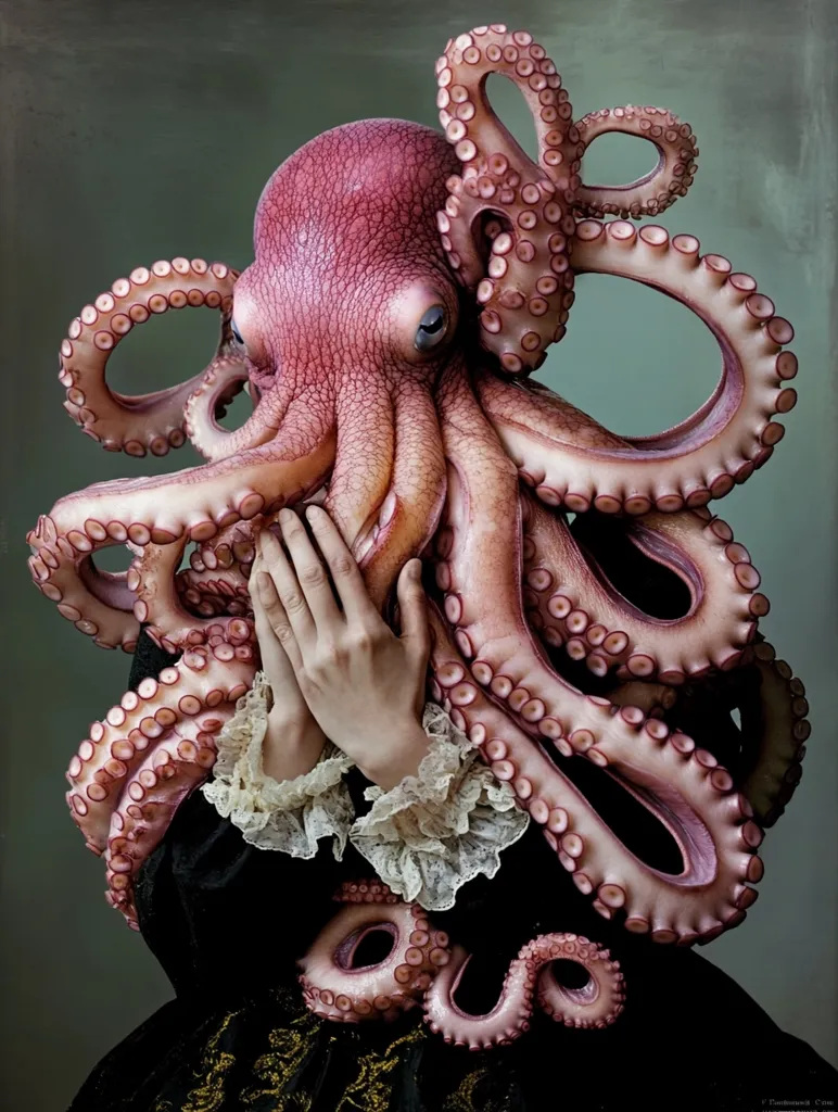 A large, pink octopus drapes itself around a woman's torso, its tentacles forming a voluminous, surreal garment. The woman wears a dark dress with lace detailing, and her hands are clasped in front of her. The image is starkly lit, emphasizing the textured and intricate details of the octopus and the woman's clothing. The overall effect is both unsettling and alluring, suggesting a fusion of nature and humanity.