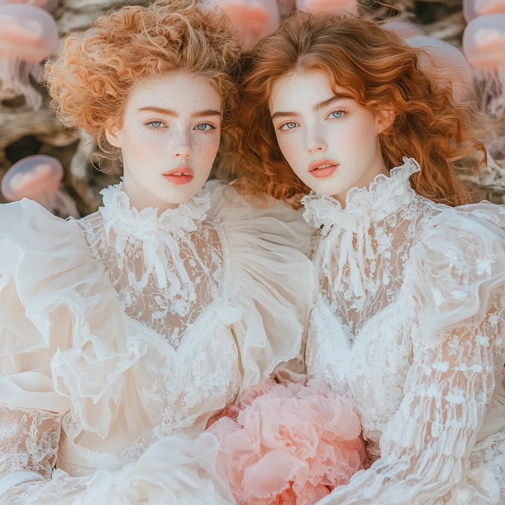 Two young women with bright red hair wear matching white lace dresses with ruffles and bows. They are sitting side-by-side and looking directly at the camera, while holding a pink flower. They have a delicate and ethereal beauty, making them look like porcelain dolls. The background features blurry pink objects that enhance the soft and dreamy aesthetic.