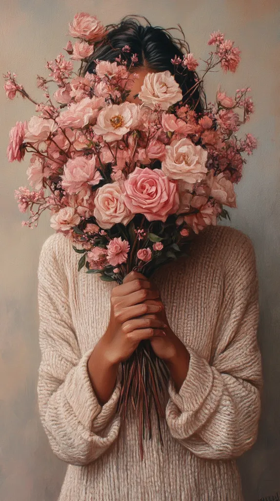 A woman in a cream sweater holds a large bouquet of pink flowers in front of her face, hiding her features. The bouquet is composed of roses, smaller pink flowers, and green stems. The woman's hands are clasped around the bouquet, and her dark hair can be seen peeking out from behind the flowers. The background is a soft beige color, giving the image a warm and romantic feel.
