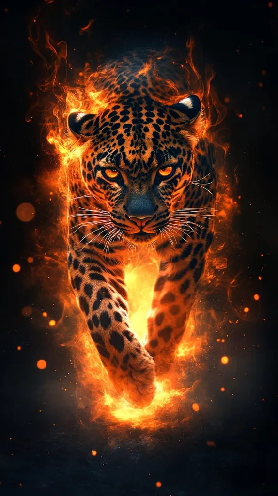 A powerful jaguar, its fur a blend of black and orange, steps onto a blazing inferno. The flames lick around its paws, creating a fiery halo. Its eyes burn with an intense glow, reflecting the heat of the flames. The image is a dramatic depiction of untamed power and untamable spirit. The background is a dark canvas, studded with fiery sparks, enhancing the feeling of power and energy.