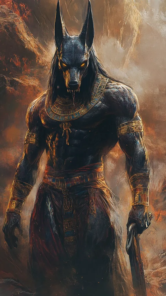 The image shows a muscular, anthropomorphic jackal with a human-like body and a jackal head. He is wearing elaborate gold jewelry, a red kilt, and a black cloak. He is holding a large, sharp blade in his right hand. His face is fierce and menacing. The background is a swirling, fiery mist. The image is likely a depiction of Anubis, the Egyptian god of the dead.