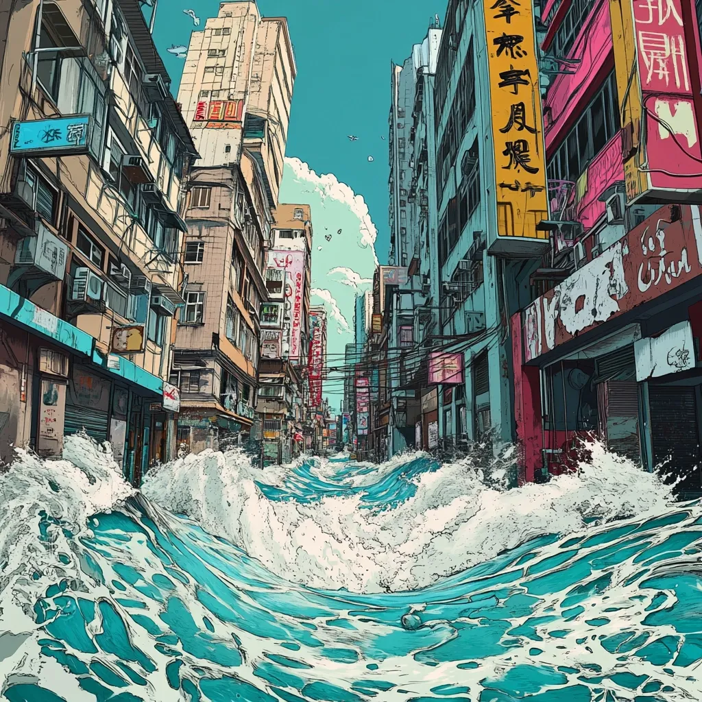 The image depicts a narrow, flooded street in a densely populated Asian city. Tall, colorful buildings line both sides of the street, with signs and advertisements in a foreign language. The water level is high, reaching the lower floors of the buildings and creating a chaotic scene. The waves are turbulent, suggesting a strong current or recent flooding. The overall atmosphere is one of both beauty and danger.  The image could be interpreted as a commentary on the impact of climate change or urban sprawl.