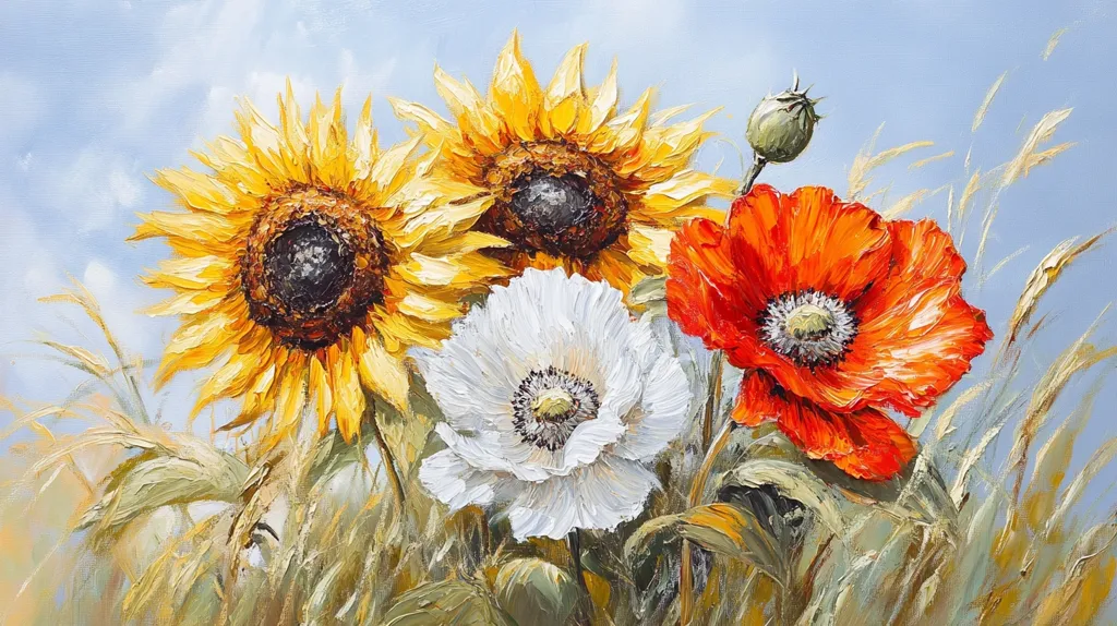 The image shows a vibrant oil painting depicting a field of wildflowers.  Two sunflowers, a white poppy and a red poppy are the focal points.  They are set against a background of pale blue sky and green foliage.  The sunflowers are bright yellow with dark centers and their petals are slightly curled. The red poppy is a vibrant scarlet with a dark center. The white poppy is delicate and pure. The leaves and stems of the flowers are all rendered in shades of green, brown and yellow. The painting is a celebration of the beauty of nature and the colors of summer.  The brushstrokes are visible and give the painting a textured look.