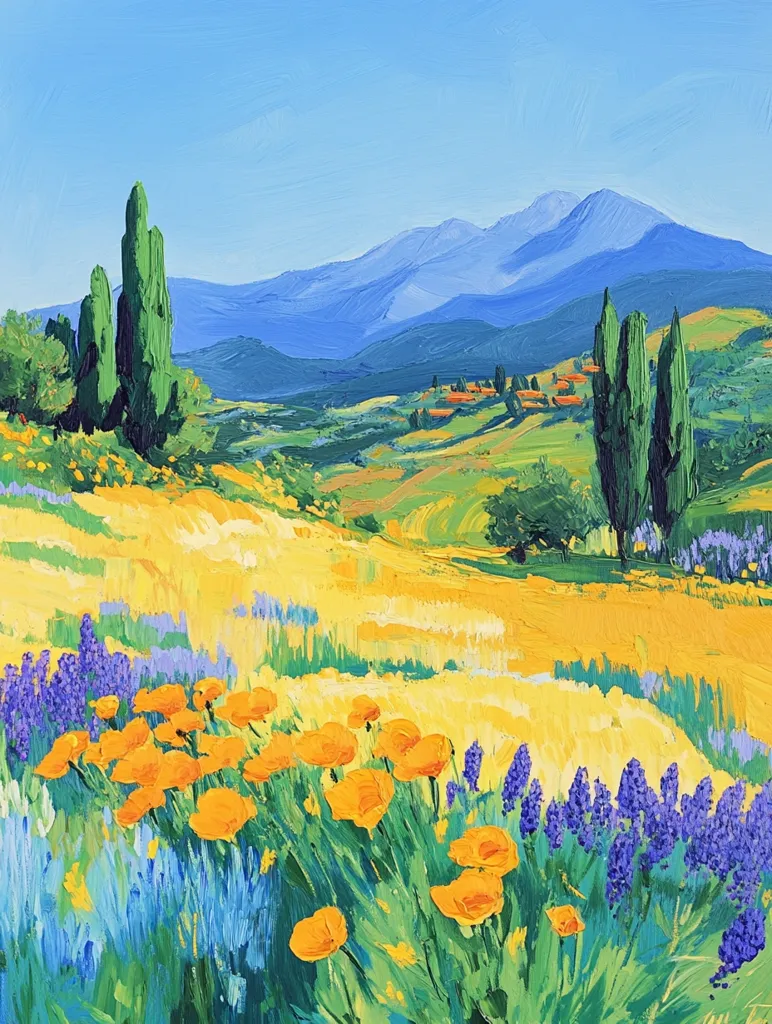 The painting depicts a picturesque landscape with rolling hills, a distant mountain range, and a field of wildflowers. The foreground features vibrant orange poppies, delicate purple flowers, and lush green foliage. Tall, slender trees stand in the middle ground, adding verticality to the composition. The sky is a clear blue, creating a sense of peace and tranquility. The brushstrokes are loose and expressive, giving the painting a textural and painterly feel.