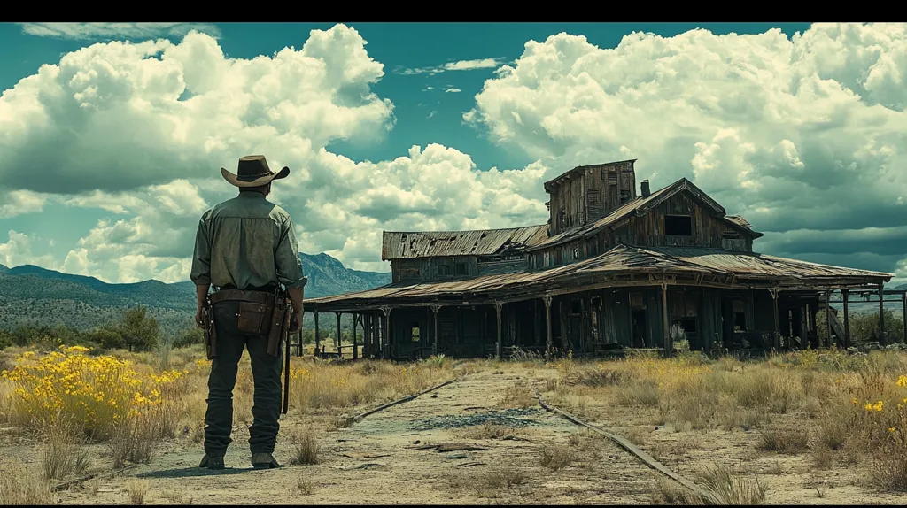 A lone cowboy stands in front of a weathered, abandoned wooden building. The building is a large, two-story structure with a porch running along the front.  The sky is cloudy and overcast, casting a somber mood over the scene. The landscape is barren and dusty, with dry grass and scattered yellow flowers. The cowboy's solitary figure and the desolate surroundings suggest a sense of isolation and loneliness.  The image is reminiscent of classic Western movies.