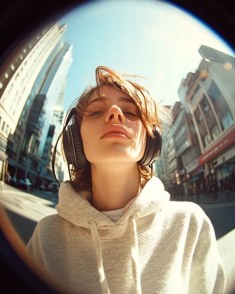 A young woman in a grey hoodie, wearing headphones, stares up at the sky. The image is taken from a fisheye lens, giving a distorted perspective of the cityscape behind her.  The sun is shining brightly, casting a warm glow on the scene. She appears relaxed and carefree, enjoying the music and the sunshine.  The buildings in the background are tall and imposing, creating a sense of urban scale.