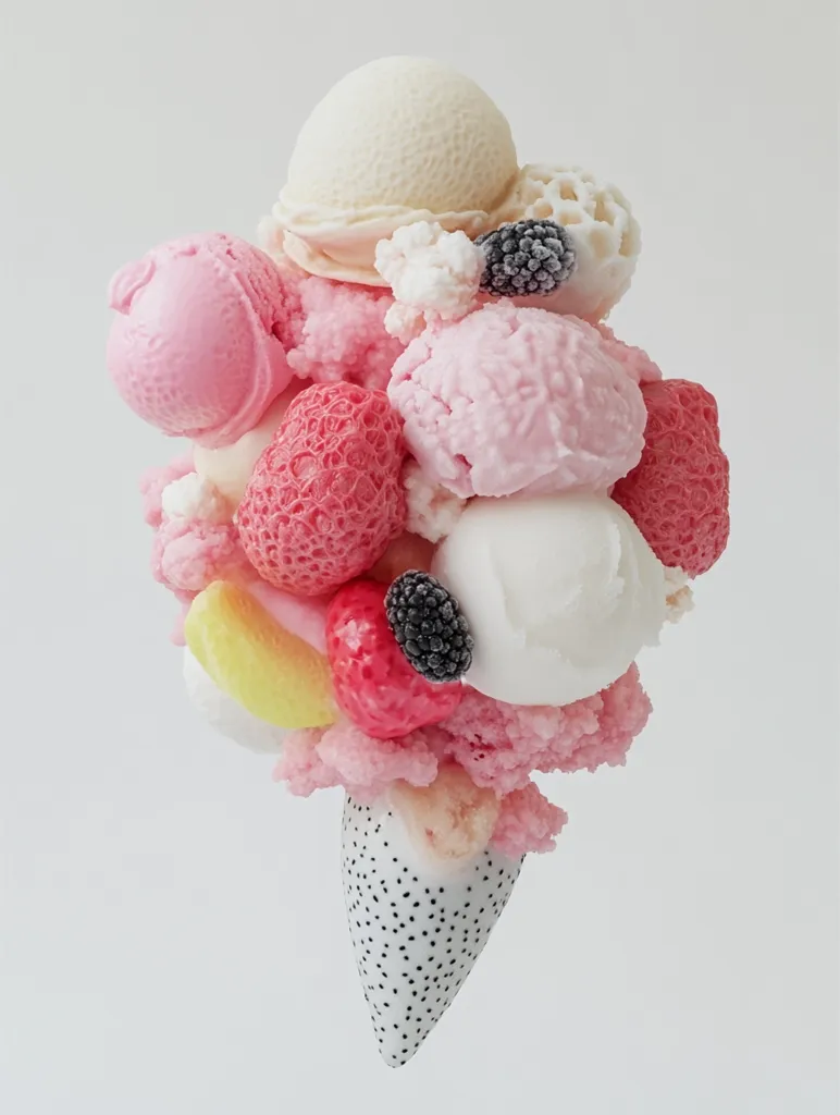 A whimsical ice cream cone overflowing with scoops of pink and white ice cream, topped with strawberries, a black berry and a yellow slice of fruit. The cone is adorned with a black speckled pattern and the ice cream is melting, giving the impression of a summer treat.