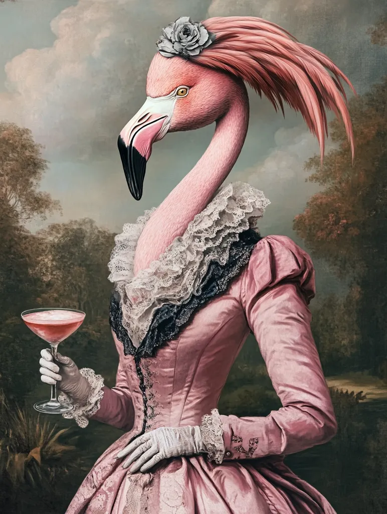 A flamingo in a pink dress and white gloves holds a pink cocktail in a glass.  The flamingo has a flower in her hair and is posing with a serious expression. The background is an out-of-focus, impressionistic painting of trees and sky.
