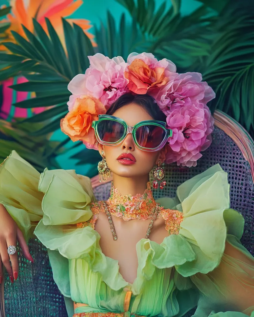 A woman with dark hair and a flower crown sits on a chair, her bright green dress with frills flows around her. She wears large, colorful sunglasses and delicate jewelry. The background is a blurred image of lush green leaves and a hint of turquoise. The overall image is vibrant and playful.