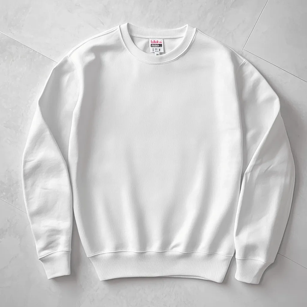 The image shows a plain white crew neck sweatshirt. The sweatshirt is laid flat on a white surface, with a small tag on the front. It has long sleeves and a ribbed hem and cuffs.  The material looks soft and comfortable.  The sweatshirt would be a great blank canvas for any design.