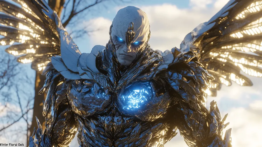 A large, metallic creature with wings stands against a backdrop of a cloudy sky. It has a humanoid form with a skeletal, metallic, almost skeletal structure, and its wings are made of the same material. Its eyes glow blue, and its chest has a pulsating blue light.  The creature's expression is stoic and menacing, suggesting power and might. The image evokes a sense of mystery and otherworldly power.