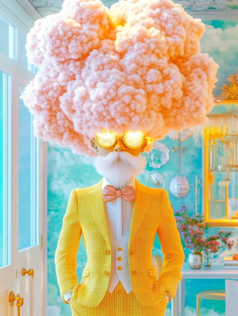 A man in a yellow suit and a pink bow tie stands with his hands in his pockets.  He has a long white beard and is wearing large gold-rimmed glasses.  A large, fluffy pink cloud, lit from within, is perched on his head like a wig.  The background is a pastel blue, with hints of gold and white.  The overall image has a whimsical and surreal feel.
