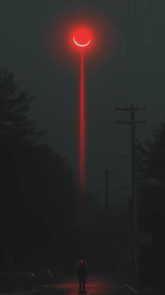 A single figure stands in the middle of a dark, foggy street illuminated by a red beam of light from the sky. The source of the light is a red, crescent-shaped moon high above, surrounded by black silhouettes of power lines. The atmosphere is eerie and mysterious.
