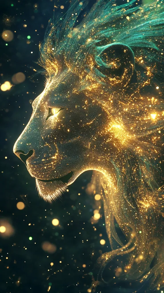A lion's head is rendered in shimmering gold and teal, with a background of twinkling lights. The image has a dreamy, abstract quality. The lion's mane flows and curls, creating a sense of movement and energy. The gold highlights the powerful features of the lion, while the teal adds a mystical touch. The twinkling lights evoke a sense of wonder and magic.