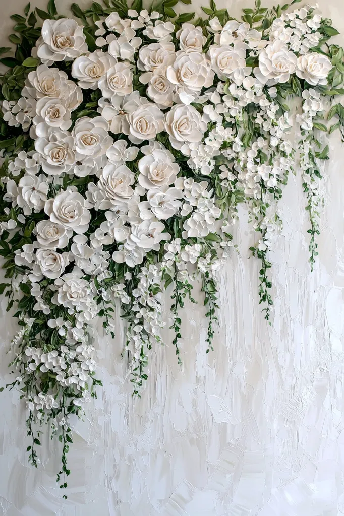 A white textured wall is adorned with a cascade of white roses and delicate white flowers with green leaves. The flowers are arranged in a cluster at the top, trailing downwards in a beautiful, romantic display. The light and airy composition creates a sense of elegance and tranquility.
