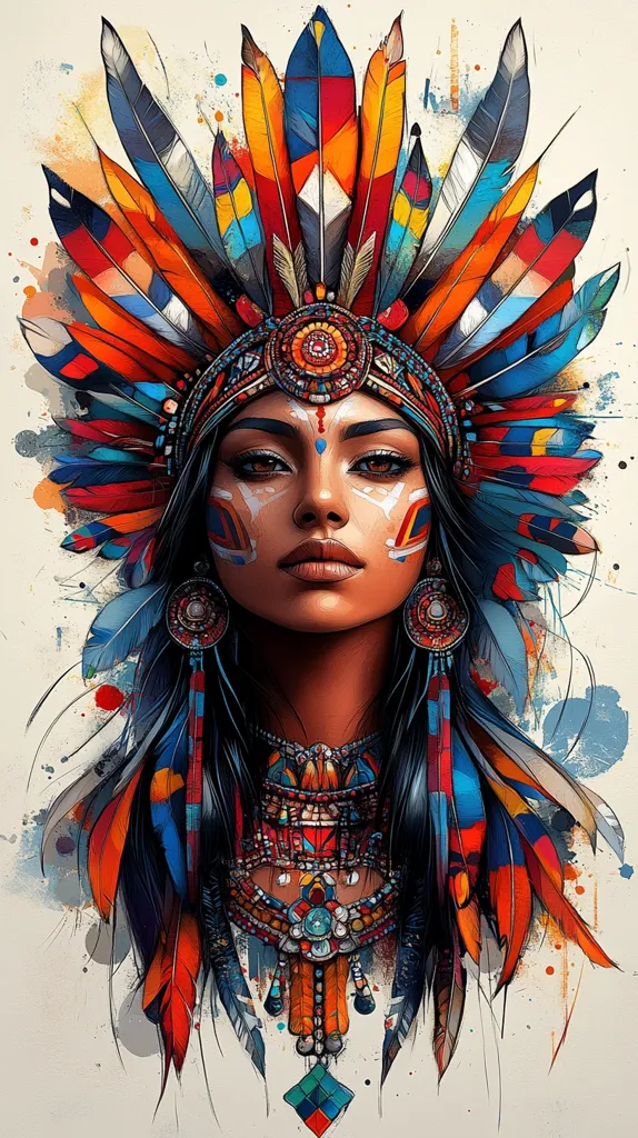 The image is a portrait of a Native American woman wearing a colorful headdress made of feathers. She has dark hair, brown eyes, and is wearing a beaded necklace and earrings. Her face is adorned with white paint and she is looking directly at the viewer. The background is a watercolor wash of blue, red, and yellow. The image is vibrant and powerful, capturing the beauty and strength of Native American culture.