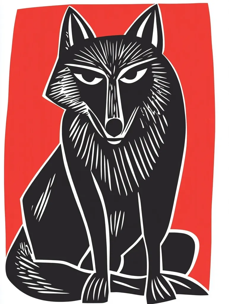 The image is a black and white illustration of a wolf, sitting with its legs crossed, against a red background. The wolf's fur is depicted with bold lines and its facial features are sharp and alert. The overall style is simple yet effective, conveying a sense of power and presence. The contrast between the black wolf and the red background creates a visually striking image.