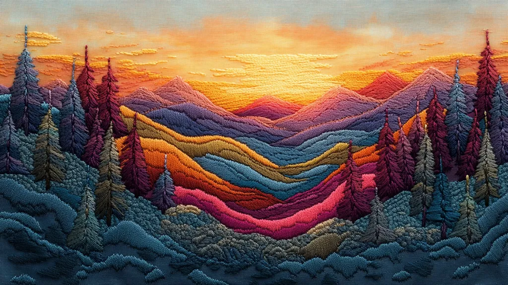 A stunning embroidered landscape depicting a sunset over a mountain range. The image is a mix of warm and cool colors, with the sun setting in a vibrant orange and yellow sky. The mountains are layered and detailed with various shades of purple, blue, green, and pink. The foreground shows a grove of dark green trees standing against the colorful backdrop. The intricate stitching technique adds a unique and textured look to the artwork.