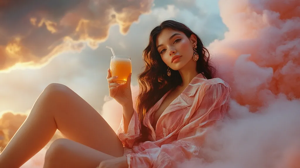 A woman with long, dark hair sits in a pink cloud, wearing a sheer pink shirt. She holds a glass of orange juice with a straw in her hand, looking at the camera with a thoughtful expression. Her gold earrings sparkle, and the sunset casts a warm glow on the scene. The clouds in the background are soft and ethereal, creating a dreamy atmosphere.  The overall image is a beautiful and evocative portrayal of femininity and tranquility.