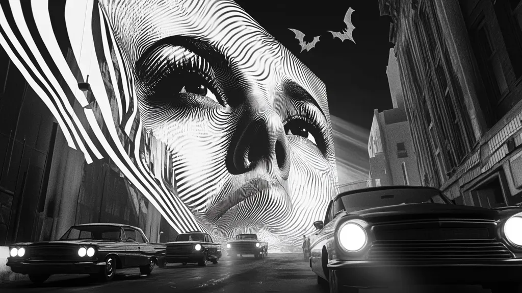 A black and white image depicts a city street with a giant, distorted, black and white portrait of a woman's face. The image is reminiscent of a 1950s noir film, with a dark, gritty atmosphere. There are three classic cars on the road, and a bat flies in the top right corner. The woman's face seems to be a billboard, and her eyes stare intensely at the viewer. The image is both unsettling and captivating.