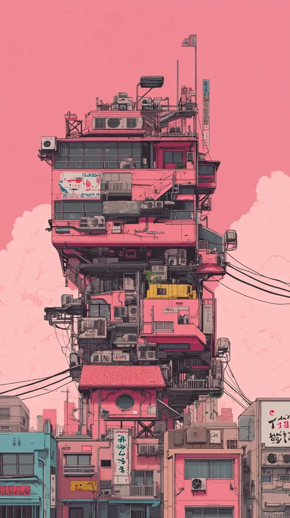The image depicts a vibrant and colorful cityscape, dominated by a towering pink building that seems to be made up of several smaller structures stacked on top of each other.  The building is adorned with various details such as balconies, air conditioners, and signage, creating a unique and intricate facade. Other buildings in the surrounding cityscape also feature pastel pink and blue hues, creating a cohesive and playful aesthetic.  The sky above is a soft pink, adding to the overall dreamy and whimsical atmosphere of the scene.  The intricate details and vibrant color palette create a sense of wonder and curiosity, inviting the viewer to explore the world depicted in this image.