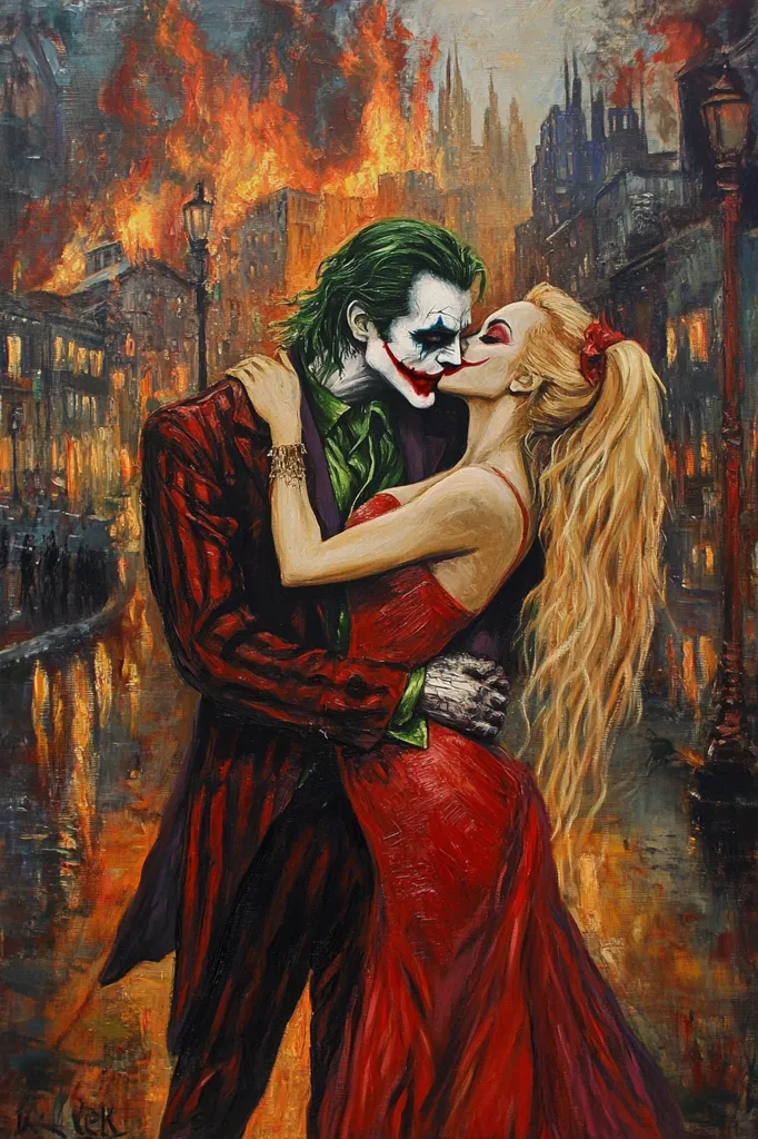 The Joker, with his signature green hair and white makeup, is depicted in a passionate embrace with a woman in a red dress. The city behind them is ablaze with fire, creating a chaotic and dramatic backdrop for their romance. The Joker's sinister smile contrasts with the woman's blissful expression, hinting at a complicated relationship. The painting captures a moment of intense emotion amidst a setting of destruction and uncertainty.