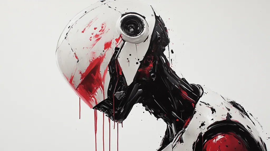 The image is a digital painting of a robot with a white and black body, a large, red helmet, and red paint dripping down its face. The robot is hunched over, seemingly in pain or sadness, against a white background. The painting has a gritty, industrial feel, with visible brushstrokes and splatters of paint. The image evokes a sense of both beauty and destruction.