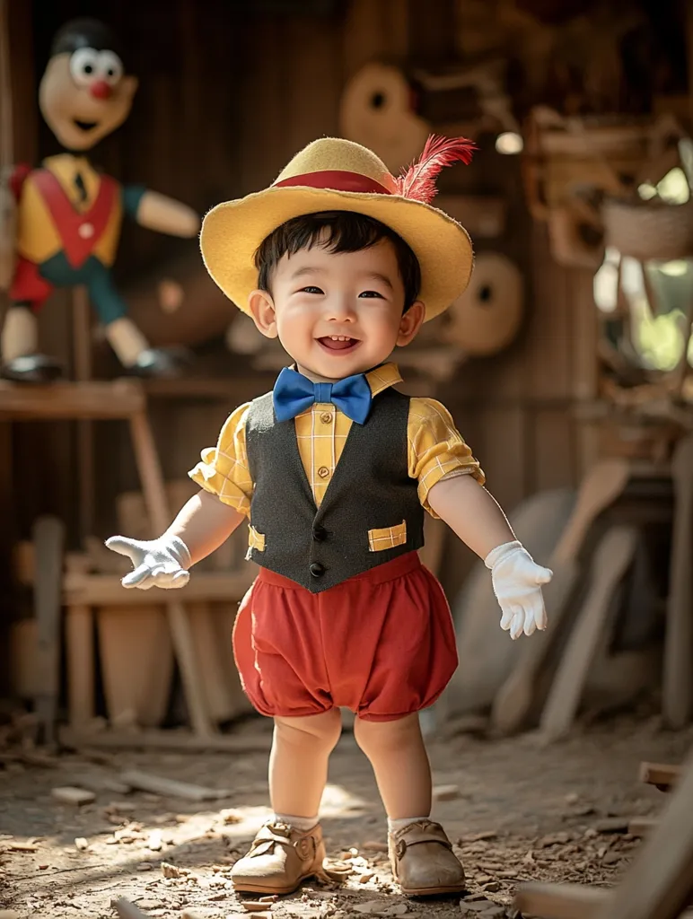 A young boy, dressed in a yellow plaid shirt, black vest, red shorts, and a yellow hat with a red band and a feather, smiles brightly at the camera. He wears white gloves and has a blue bow tie around his neck. The boy stands in front of a rustic wooden background, with a wooden toy figure of a man in the background.  He is dressed in a playful, whimsical style, reminiscent of a classic cartoon character.  The image captures the joy and innocence of childhood.