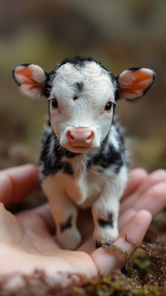 A tiny black and white calf with big, curious eyes stands on a human hand. Its fur is soft and fluffy, and its nose is pink and wet. It looks small and fragile, and its innocence is apparent. The calf's hooves are just visible, and its tail is tucked between its legs. The image captures the beauty and vulnerability of a newborn calf.