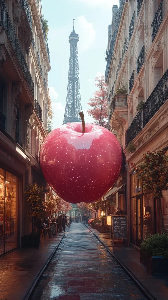 A giant red apple hangs over a narrow cobblestone street in Paris. The apple is so large that it blocks the view of the Eiffel Tower in the distance. The street is lined with buildings, and there are people walking in the background. The image has a whimsical and surreal feel.  The wet cobblestones and the overcast sky create a moody atmosphere.