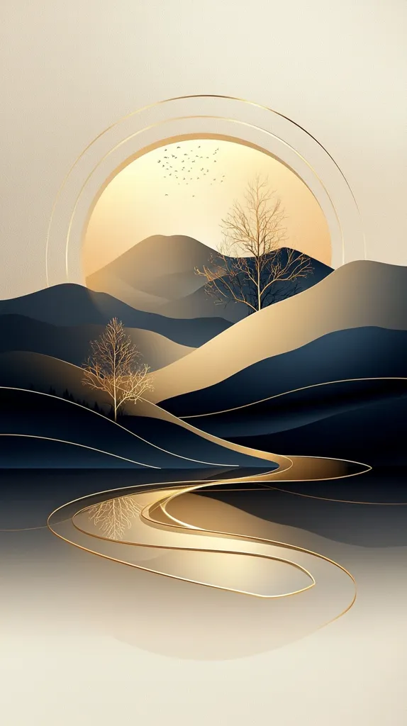 The image depicts a minimalist landscape with a golden sun, a winding gold river and two bare trees against a backdrop of blue and beige mountains.  The image is framed by a golden circle. The overall effect is serene and peaceful, with a focus on the beauty of nature.