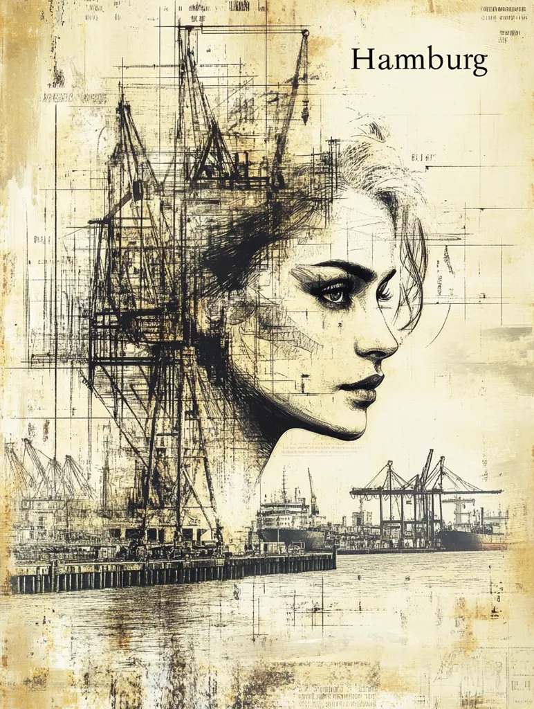 The image is an abstract representation of Hamburg, Germany. It features a woman's face superimposed over a detailed sketch of cranes and ships in a harbor. The background is a textured, faded map with the word "Hamburg" prominently displayed.  The artwork is a combination of realism and abstract design, creating a visual metaphor for the city's industrial history and contemporary life.